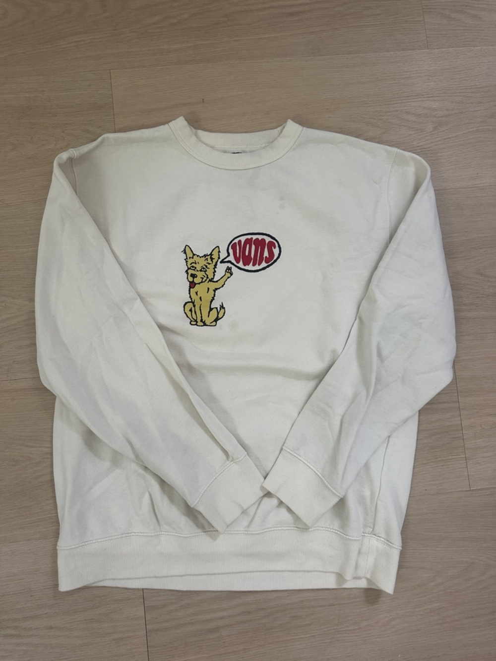 Vans Cream Sweatshirt with Yellow Dog Graphic and Red Logo